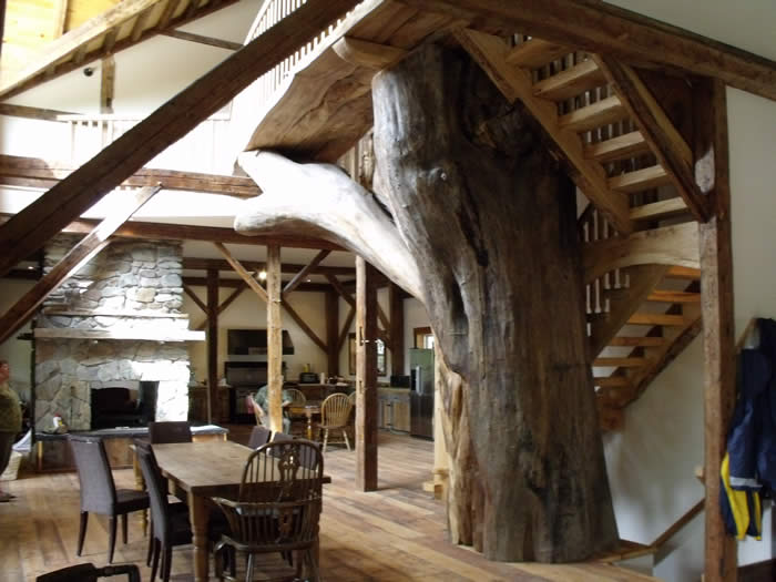Heritage timber frame great room and living room